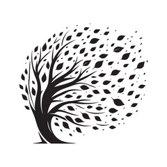 A black and white illustration of a tree silhouette with windblown leaves, symbolizing nature and change.