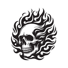 A black and white vector artwork of a flaming skull with intricate details radiating intensity. Perfect for tattoos, graphic designs, or themed visuals with a bold, edgy aesthetic.