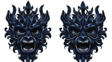 Two Demon Face Sculptures on Transparent Background Dark And Detailed Illustration