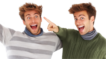 Two Excited Men Pointing at Each Other in Sweaters on Transparent PNG Background