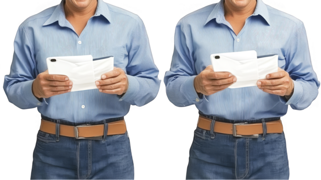 Two Men Holding Envelopes in White Shirts Blue Jeans Isolated Background