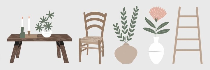 Home Decor Illustrations: Rustic Table, Chair, Plants, and Ladder