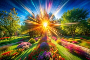 Radiant Light Burst in Floral Garden