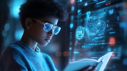 A tech-savvy student reading from floating digital panels while an AI assistant displays subject highlights 