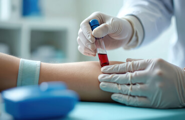Close-up shot of blood sample collection from patient arm for analysis. Doctor hands in gloves holding test tube with blood for medical research, tests, diagnostics. Health concept.