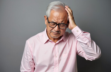 Obraz premium Senior asian man suffering headache. Male with gray hair, glasses, pink shirt. Feeling bad, stressed. Health problems, brain, migraine, stroke, Alzheimer disease. Healthcare, medicine, retirement.