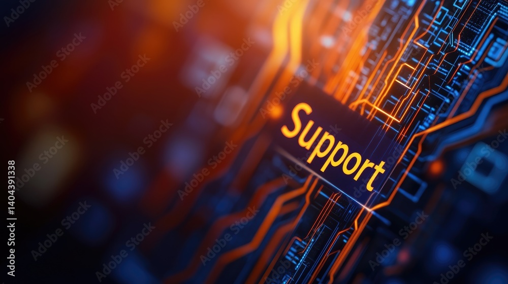 Poster technical support services abstract circuit board background with glowing support text