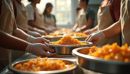 Volunteers serving food at community kitchen. Addressing hunger, food insecurity. Warm lighting, stainless steel containers filled with pasta. Hands in gloves hold plates, offering meal. Charity,
