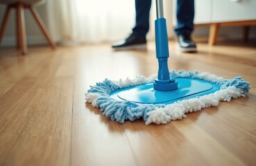 Close-up of blue mop on wooden floor during apartment cleaning. Pro cleaner worker washes hardwood parquet, keeping home hygiene. Man doing housework job, domestic service.