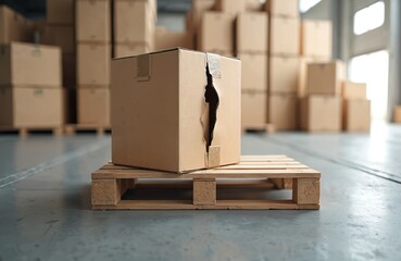 Damaged cardboard box on wooden pallet at warehouse. Torn parcel in logistics, broken container during shipping. Warehouse stock and delivery concept. Insurance claim and broken packaging concepts.