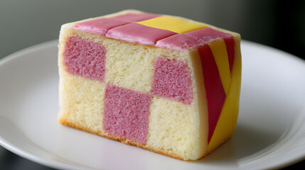 Close-up Photorealistic Image of Neatly Sliced Battenberg Cake with Distinct Yellow and Pink Patterns