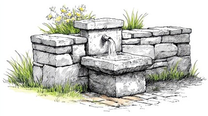 Rustic Stone Water Fountain with Wildflowers and Grass