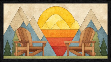 Rustic Sunset Mountain View with Adirondack Chairs
