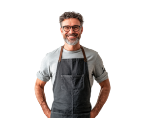 A man wearing an apron stands, PNG