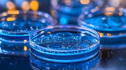 Petri dishes containing blue liquid with bacterial colonies growth