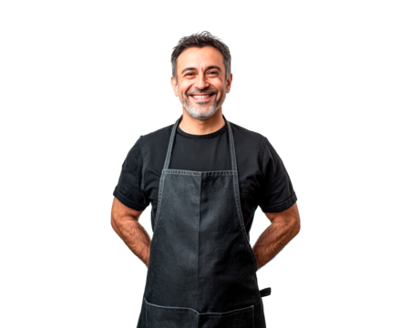 Smiling middle-aged man portrait in apron, PNG