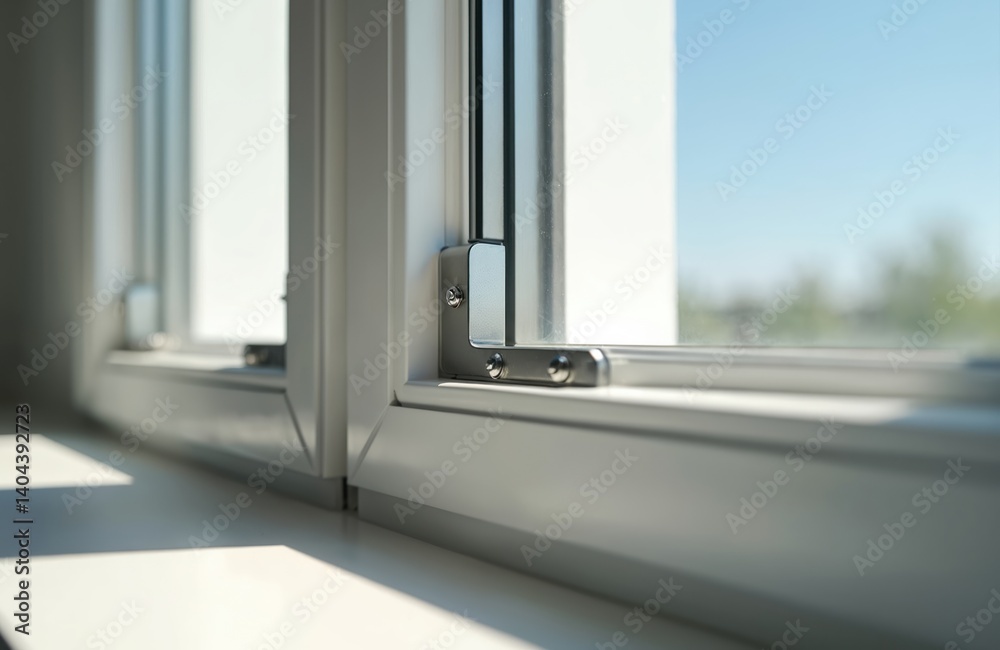 Poster new modern window frame installed in white color. glass, sky visible through window opening. house e