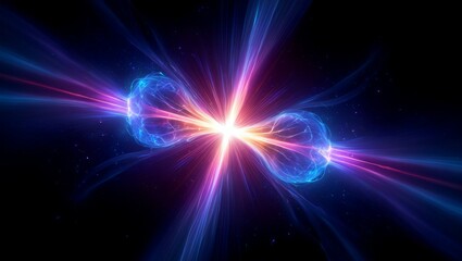 Naklejka premium A digital artwork of two energy spheres colliding in space, releasing light and shockwaves. Represents nuclear reactions, quantum physics, and the origin of matter.