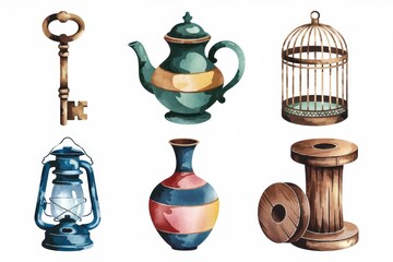 Vintage Watercolor Collection: Antique Key, Teapot, Birdcage, Lantern, Vase, and Wooden Spool