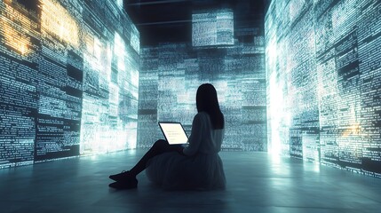 A quiet digital learning environment where a student and virtual mentor interact among illuminated floating text 