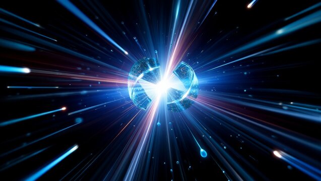 A digital illustration of a nuclear annihilation reaction, where matter and antimatter collide, creating a burst of energy with glowing light, particles, and spherical debris in space.