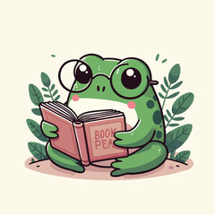 cute frog reading book cartoon  vector
