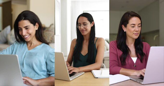 Collage view of three multi-national young women using laptops for freelance work, buying, ordering goods through marketplaces, using creative ai app for hobby on leisure at home. Modern tech usage