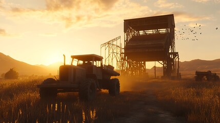 Fototapeta premium Rusty tractor at sunset, dusty field, grain elevator