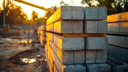 Stacked Concrete Blocks at Construction Site During Golden Hour Light