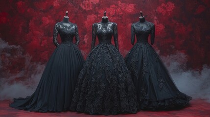 Elegant Black Dresses Display Against Red Floral Background