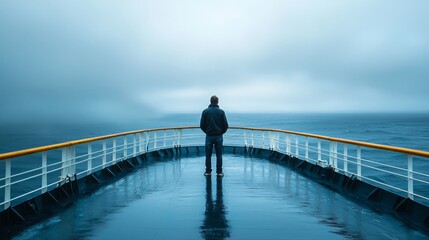 Man Standing Alone on a Ship Deck Facing Calm Ocean and Atmospheric Skies