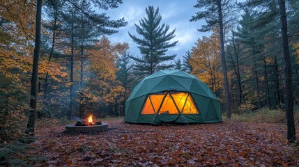 Cozy Geodesic Dome Tent in Autumn Forest with Fire Pit and Leaves
