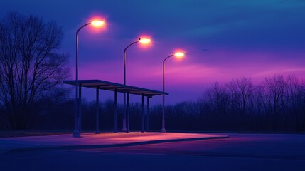 Serene Night Scene with Bus Stop and Violet Sky at Dusk