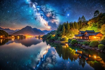 Fototapeta premium Tranquil Lakeside House Under Starry Night Sky