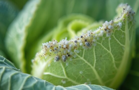 Close-up of cabbage leaf infected by whitefly insects. Pests damage vegetable crop in garden. Agriculture, horticulture problems, plant diseases require immediate gardener care.