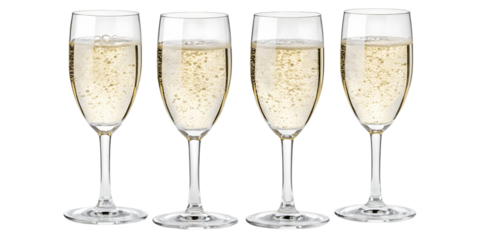Four champagne flutes, each filled with sparkling wine, are displayed against a plain white background.