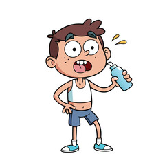 Obraz premium A cartoon kid holding a water bottle on a hot day