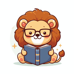 cute lion reading book  cartoon mascot vector
