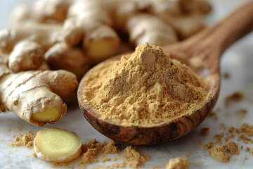 Fresh Ginger Root and Powder in Wooden Spoon
