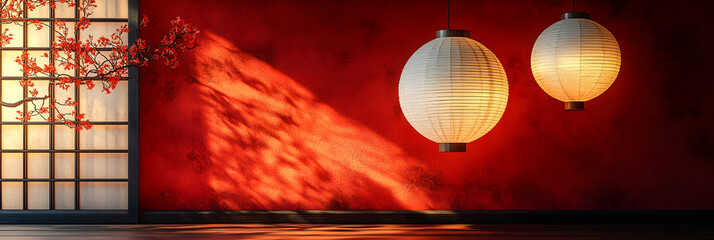 Elegant Japanese Lanterns and Cherry Blossoms on Red Wall for Asian Decor