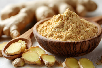 Ground Ginger Powder with Fresh Ginger Root in a Wooden Spoon
