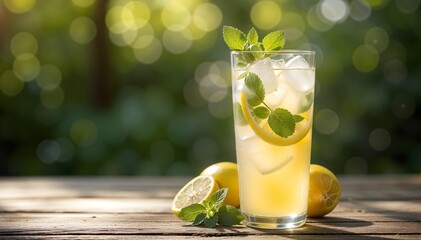 Summertime Mint Lemonade on Rustic Wooden Table with Greenery Background