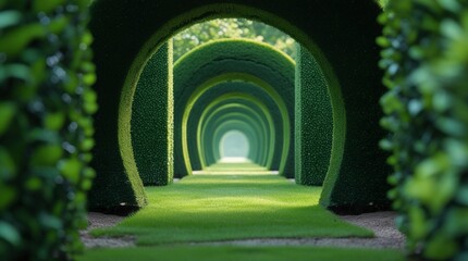 The garden scene features a serene, symmetrical garden with perfectly trimmed circular arches of green hedges, extending along a lush grassy path, and soft, dreamy lighting.