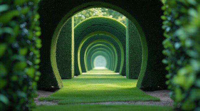 The garden scene features a serene, symmetrical garden with perfectly trimmed circular arches of green hedges, extending along a lush grassy path, and soft, dreamy lighting.