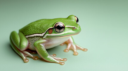 Obraz premium Close Up Of A Green Tree Frog On Pale Green Background