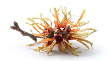 A detailed close-up studio shot shows a Witch Hazel flower cluster on a branch against a clean white background perfect for botanical illustrations or cosmetic product advertising.