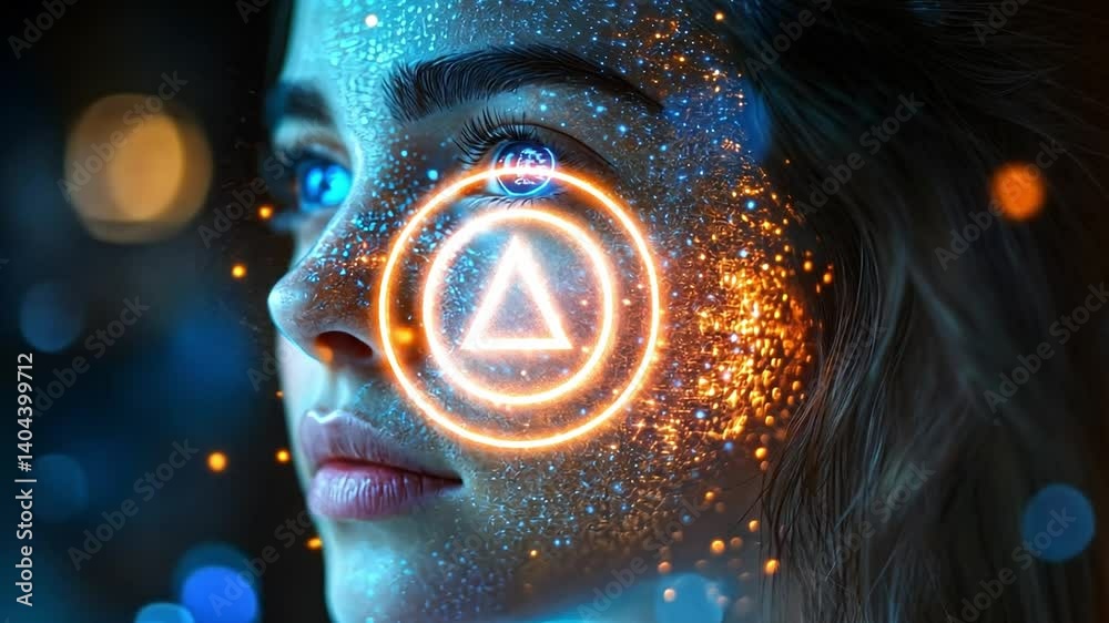 Poster the young woman gazes forward, her face adorned with luminous patterns and glowing symbols, creating