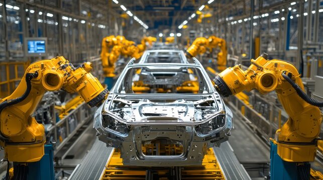 Robotic arms assembling car bodies on assembly line
