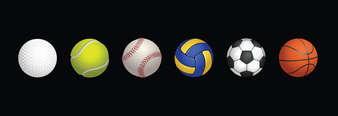 High-quality illustration showcasing six different sports balls including a golf ball, tennis ball, baseball, volleyball, soccer ball, and basketball, aligned in a row - Vector, Eps