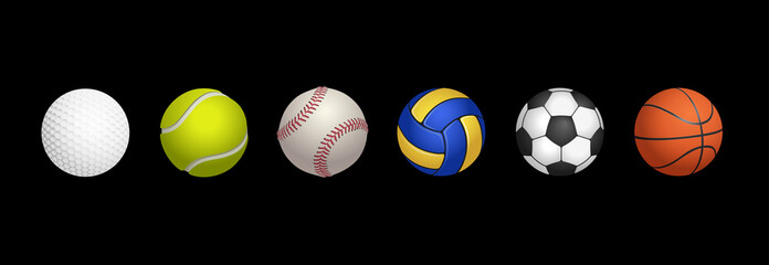 High-quality illustration showcasing six different sports balls including a golf ball, tennis ball, baseball, volleyball, soccer ball, and basketball, aligned in a row on a black background - High Res